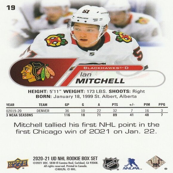 Ian Mitchell - 2020/2021 Upper Deck Rookie Box Set Hockey Card - Picture 2 of 2